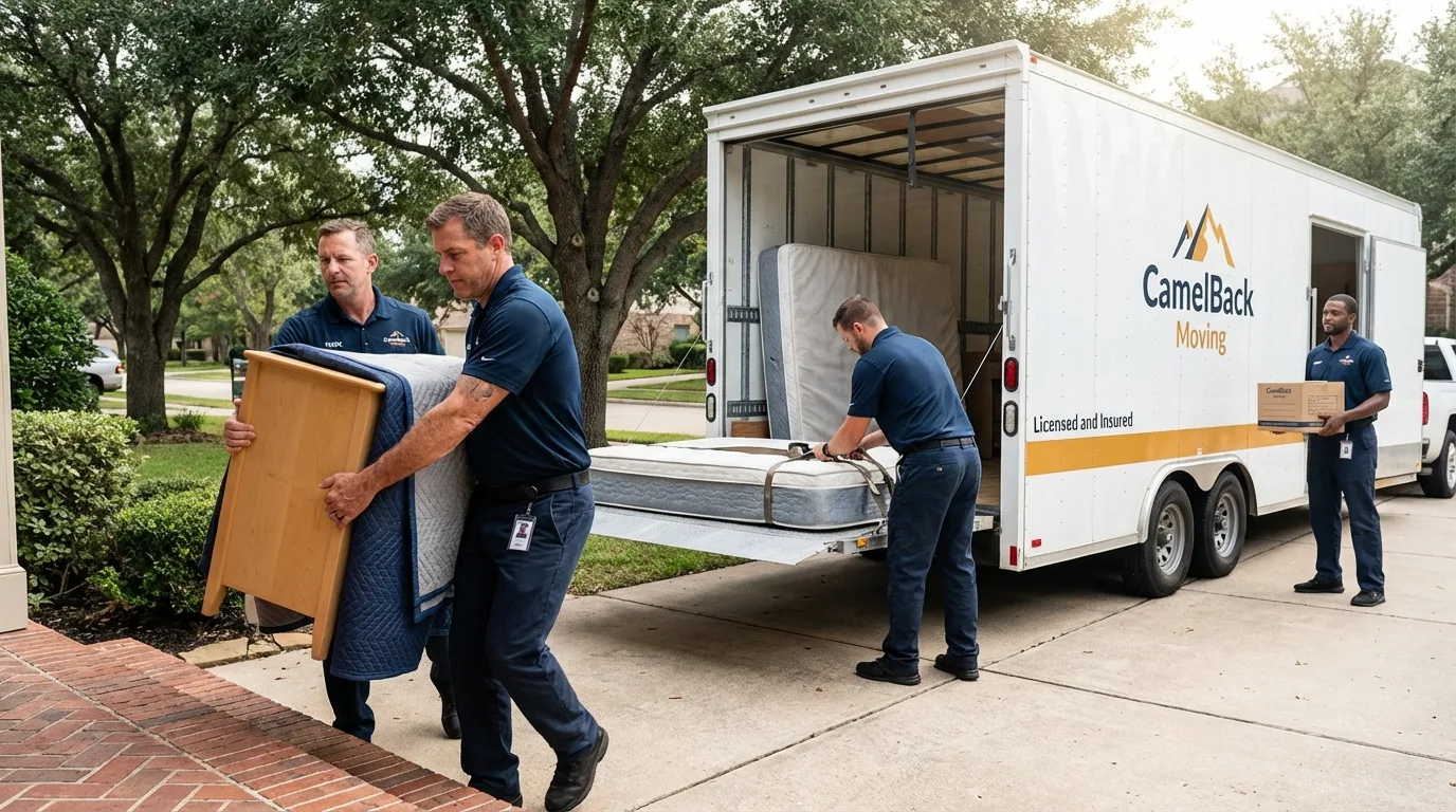 Crew loading residential truck for cross-state move from Mims, FL