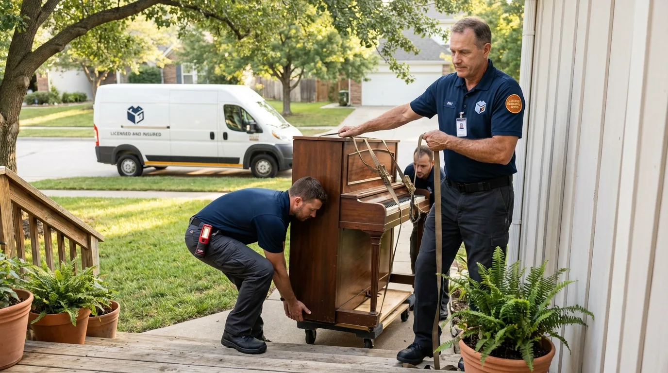 Licensed piano movers securing grand piano in Mims, FL