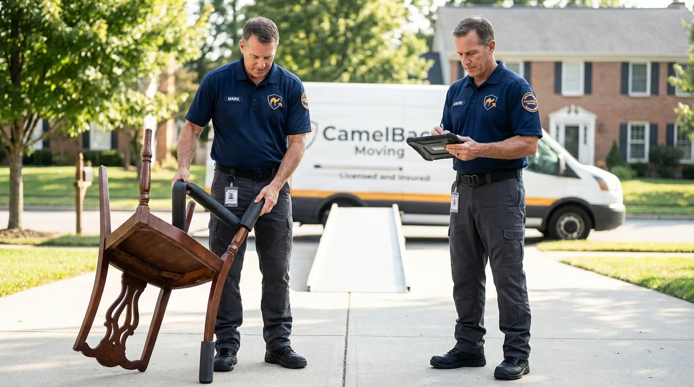 Movers inspecting furniture for damage prevention before loading in Mims, FL